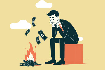 Concept of extravagance and waste of money, a businessman sitting sad while burning money