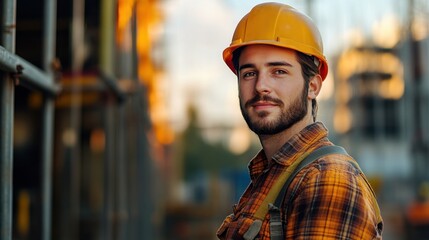 Construction worker in safety gear smiling at sunset at a building site in an urban area