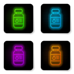 Glowing neon line Printer ink bottle icon isolated on white background. Black square button. Vector