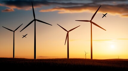 Fototapeta premium Birds flying over wind turbines, harmony between nature and clean energy, 3D illustration