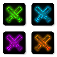 Obraz premium Glowing neon line Crossed baseball bat icon isolated on white background. Black square button. Vector