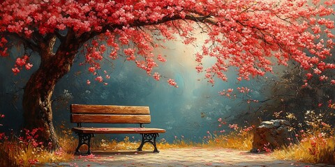 A solitary wooden bench beneath a blossoming tree with a peaceful, serene atmosphere, capturing the essence of spring's beauty