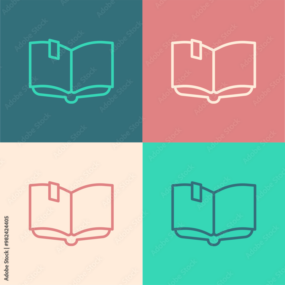Poster pop art line open book icon isolated on color background. vector