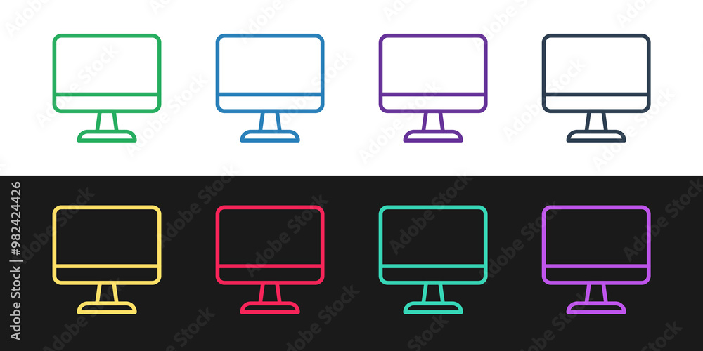 Poster set line computer monitor screen icon isolated on black and white background. electronic device. fro