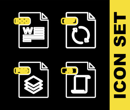Set line GIF file document, JS, PSD and DOC icon. Vector