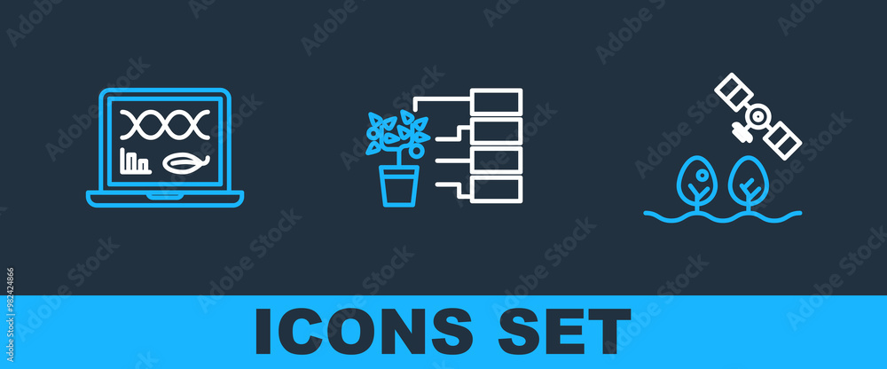 Poster set line smart farm with drone, genetic engineering modification and flower analysis icon. vector
