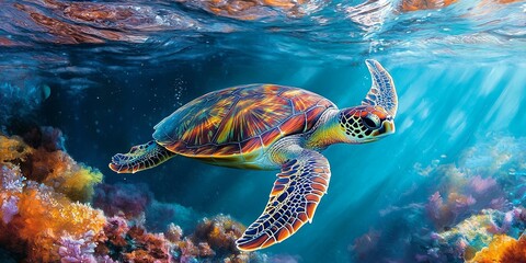 Obraz premium A vibrant sea turtle gracefully glides through the crystal clear blue water, its colorful shell shimmering in the sunlight, while coral reefs create a stunning backdrop