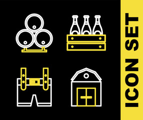 Set line Pack of beer bottles, Farm House, Lederhosen and Wooden barrels icon. Vector