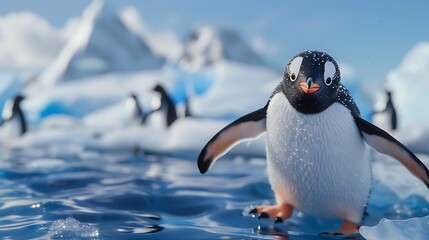 Fototapeta premium Sliding over the icy surface of the ocean are brick and blue penguins