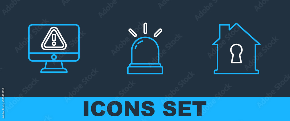 Poster set line house under protection, monitor with exclamation mark and motion sensor icon. vector