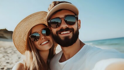A young couple smiles brightly for a selfie at the beach, wearing sunglasses and summer hats.