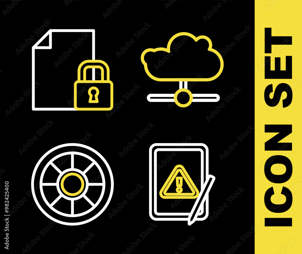 Poster set line network cloud connection, tablet with exclamation mark, safe and document and lock icon. ve