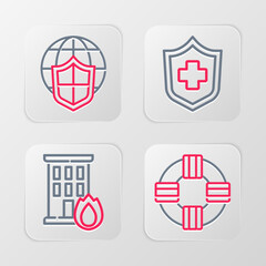 Set line Lifebuoy, Fire in burning house, Health insurance and Shield with world globe icon. Vector