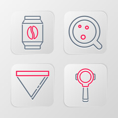 Set line Coffee filter holder, paper, cup and Bag coffee beans icon. Vector