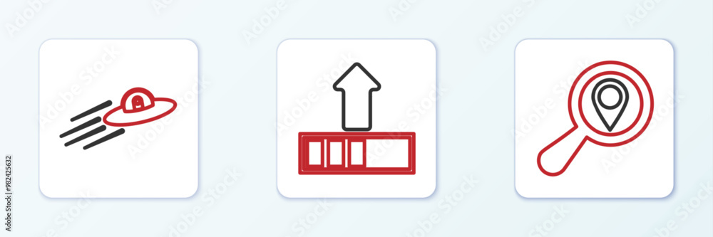 Poster set line search location, ufo flying spaceship and alien and loading icon. vector