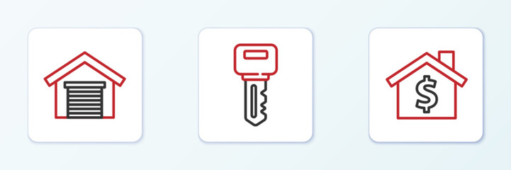 Set line House with dollar symbol, Garage and key icon. Vector