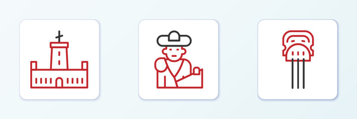 Set line Peineta, Montjuic castle and Bullfight, matador icon. Vector