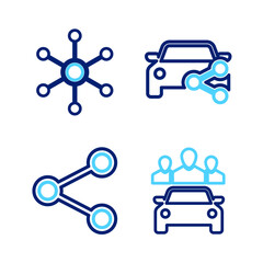 Set line Car sharing, Share, and Network icon. Vector