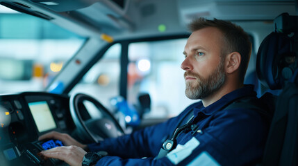 Obraz premium EMS drivers in their trucks, driving through city streets while remaining alert and focused. The drivers are dressed in their uniforms, equipped with communication devices, and rea