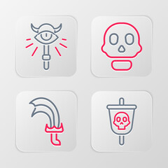Set line Pirate flag, Sword for game, Skull and Magic staff icon. Vector
