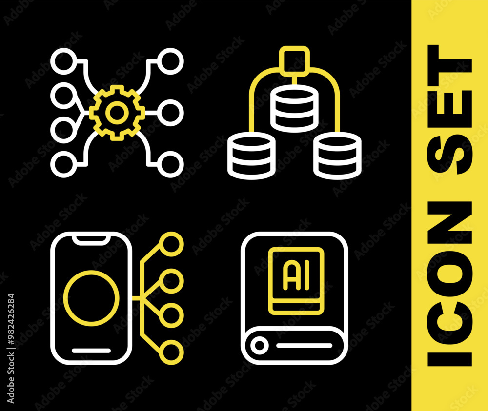 Poster set line server, data, artificial intelligence ai, neural network and icon. vector