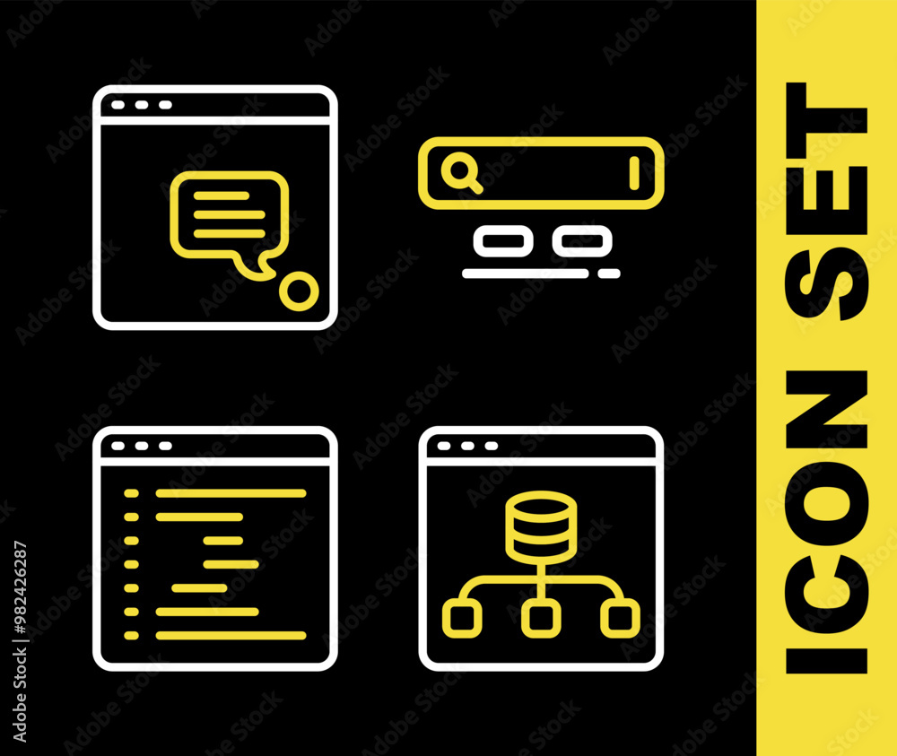 Poster set line search engine, server, data, browser window and new chat messages notification icon. vector