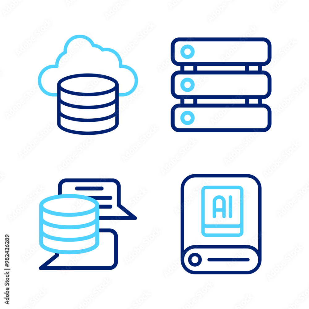 Poster set line artificial intelligence ai, server, data, and cloud database icon. vector
