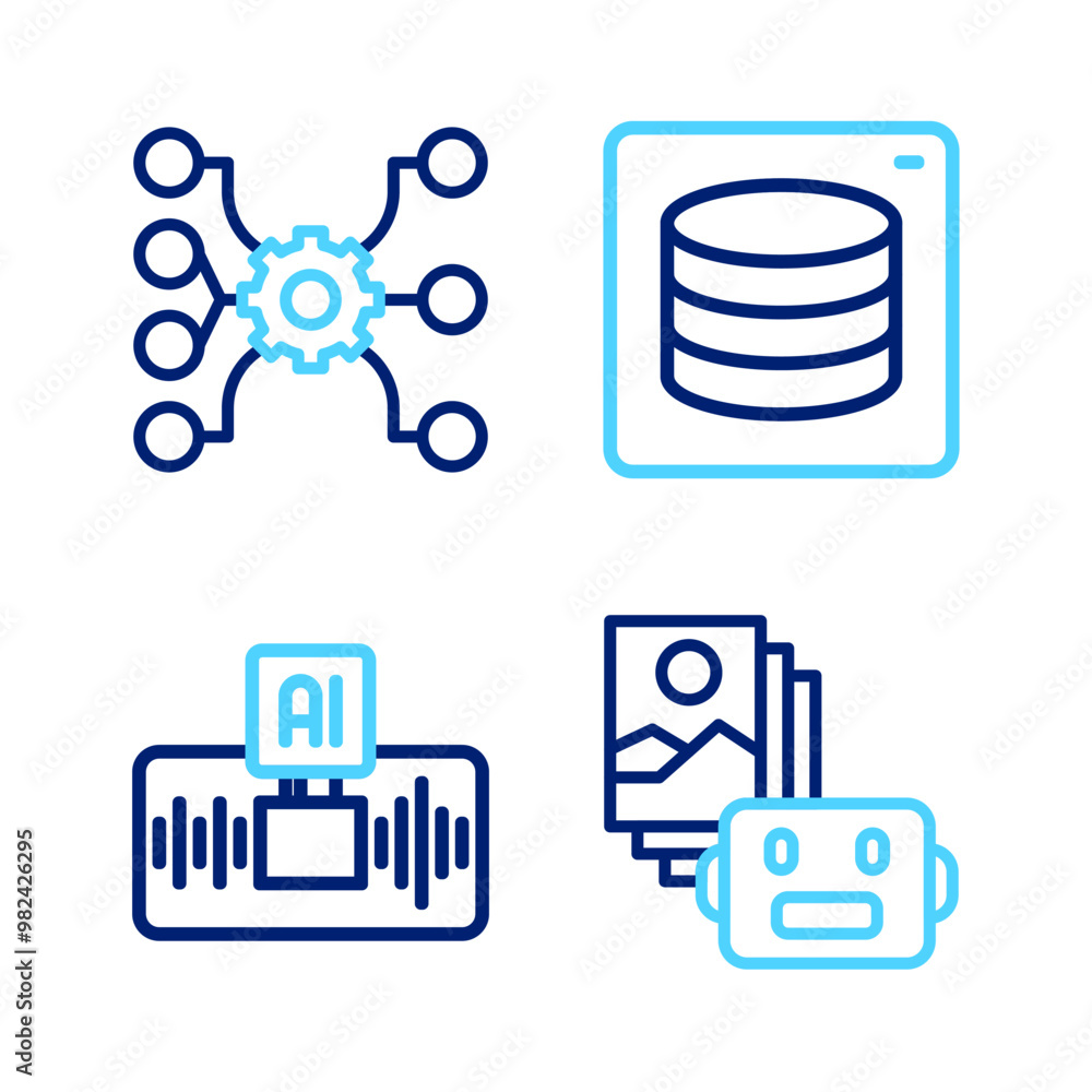 Poster set line artificial intelligence robot, ai, server, data and neural network icon. vector