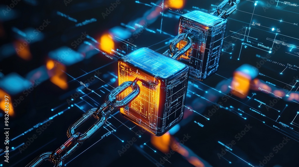 Poster a concept image of blockchain technology with financial symbols.