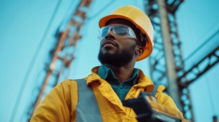 A worker at an electrical substation inspects equipment while wearing safety gear during bright daylight hours