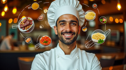 A chef stands confidently in a contemporary kitchen, smiling at the camera. Around him, illustrations of various dishes and ingredients highlight his passion for cooking