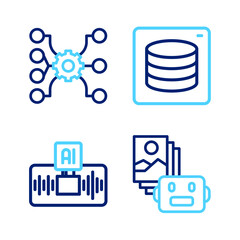 Set line Artificial intelligence robot, AI, Server, Data and Neural network icon. Vector