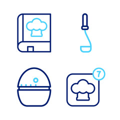 Set line Chef hat, Kitchen timer, ladle and Cookbook icon. Vector