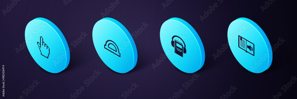 Poster set isometric audio book, , protractor grid and pixel hand cursor icon. vector