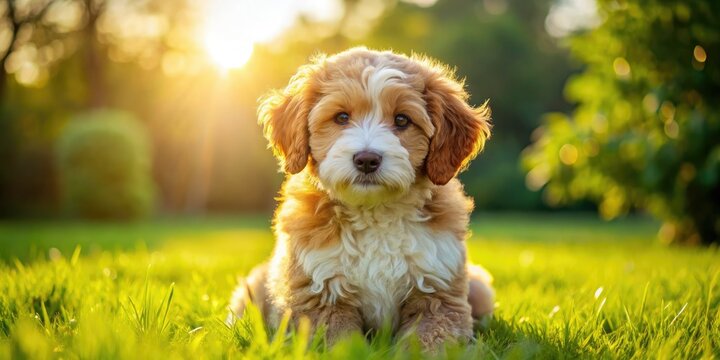 Adorable brown and white mini goldendoodle puppy plays on lush green grass in warm sunshine, tail wagging joyfully as it soaks up attention.
