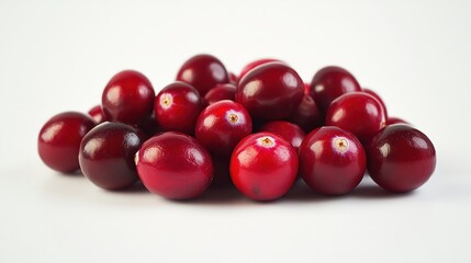 A pile of ripe cranberries arranged neatly on a clean white surface. The glossy red berries stand out against the smooth, bright background.