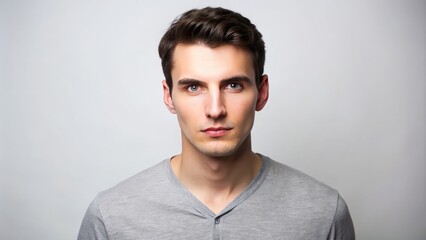 Obraz premium A clean-shaven individual, dressed in a crisp gray shirt with a pressed collar, appears poised and focused on