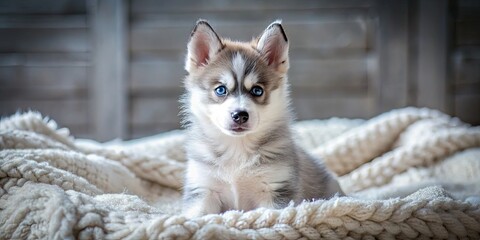 Adorable, fluffy klee kai puppy with playful eyes, sitting on a soft blanket