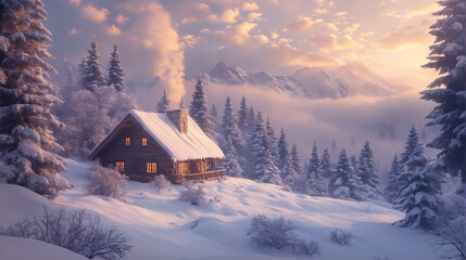 Cozy winter cabin in snow-covered mountains at sunset, celebrating New Year’s Eve
