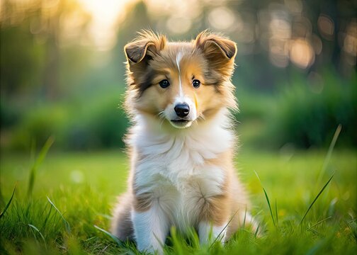 Adorable mini collie puppy sits pretty in a sun-drenched grassy field, playful eyes sparkling as it sniffs and frolics amidst tall blades of green.
