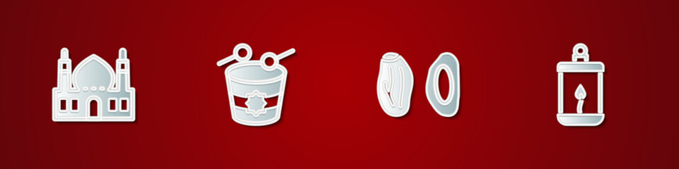 Set Muslim Mosque, Ramadan drum, Date fruit and Kareem lantern icon. Vector