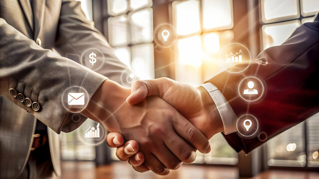 Flat Glossy Background Featuring Business Handshake with Payment Icons - Trust & Secure Transactions in Corporate Finance & Fintech