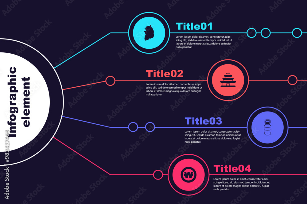 Wall mural Set South Korea map, Korean temple, lantern and won coin. Business infographic template. Vector