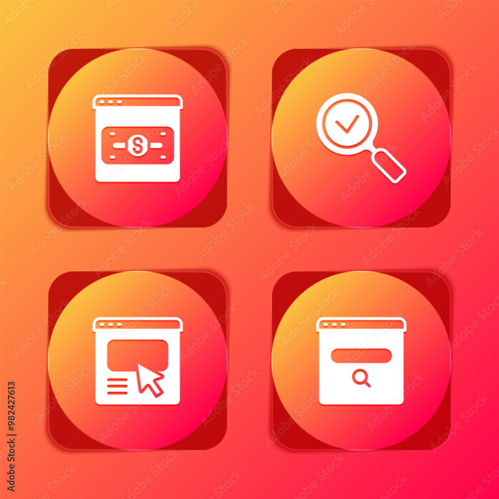 Poster set online shopping on screen, magnifying glass with check mark, ui or ux design and search engine i
