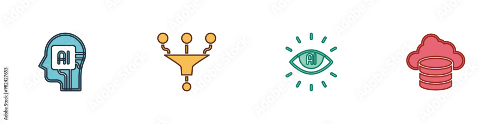 Poster set humanoid robot, funnel or filter, artificial intelligence ai and cloud database icon. vector