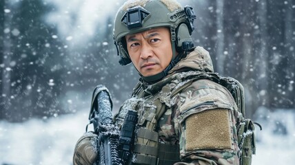 Naklejka premium A male soldier stands in a snowy battlefield, holding a rifle and wearing tactical gear, portraying readiness and determination in harsh conditions.