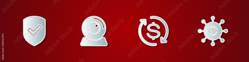 Poster set shield with check mark, web camera, return of investment and copywriting network icon. vector