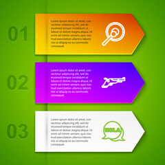 Set line Gong, Vintage pistols and Hola. Business infographic template. Vector