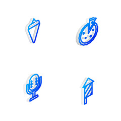 Set Isometric line Homemade pie, Ice cream in waffle cone, Microphone and Firework rocket icon. Vector