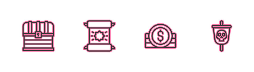 Set line Chest, Ancient coin, Decree, parchment, scroll and Pirate flag icon. Vector